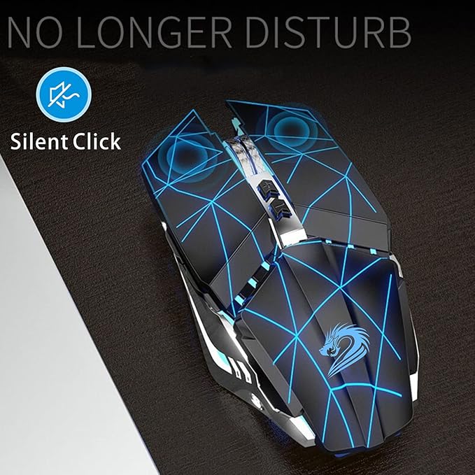 TENMOS T12 Wireless Gaming Mouse Rechargeable, 2.4G Silent Optical Wireless Computer Mice with Changeable LED Light for Laptop PC, 7 Buttons, 3 Adjustable DPI (Starry Black)
