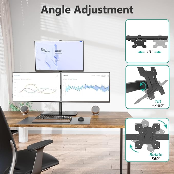 WALI Freestanding Triple Monitor Mount, Fully Adjustable Three Monitor Desk Mount, 3 Monitors Stand for 17-27 Inch Screens, Max Load 22lbs per Arm (GMF003), Black