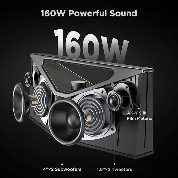 BUGANI Bluetooth Speaker Loud 160W,Waterproof Large Bluetooth Speaker Subwoofer Hi-Res Audio, 12H Playtime Party Outdoor Speakers for Camping, Beach, Gray