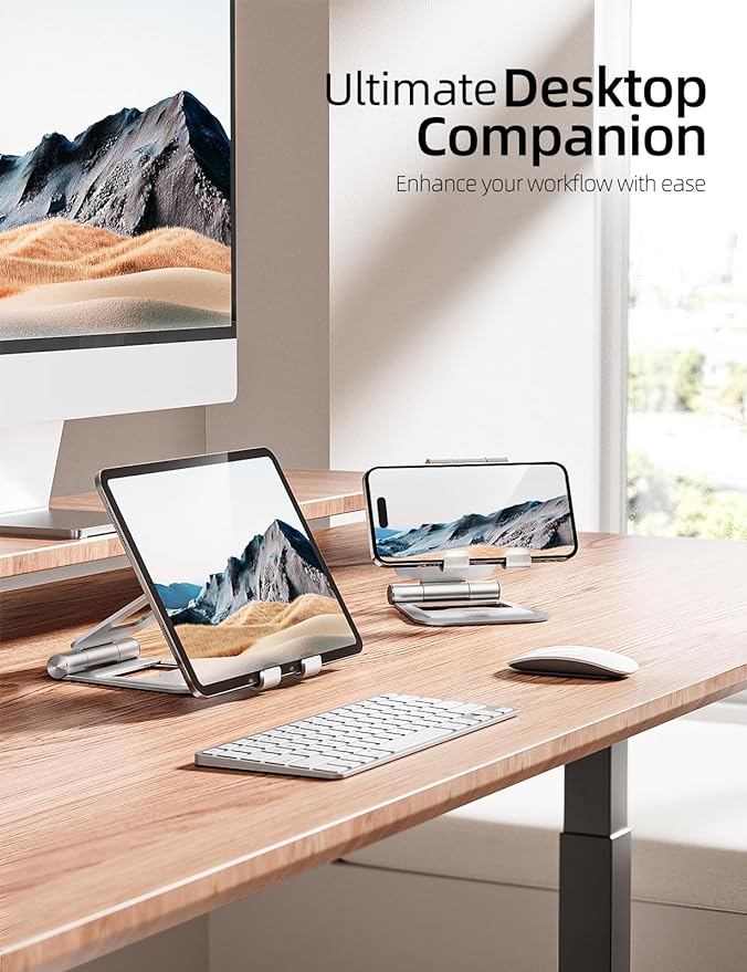 Nulaxy Aluminum Dual Foldable iPad Stand, Fully Adjustable Desktop Tablet Holder, Tablet Accessories for Office Kindle Compatible with Mobile Devices iPad Pro/Air/Mini, iPhone Pro/Max/Plus, Silver
