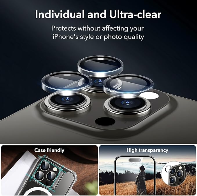 ESR 3+1 Pack for iPhone 15 Pro Max Screen Protector, 3 Black Edge Tempered-Glass Film and 1 Set Camera Lens Protector, 2.5D Curved Edges, Full-Coverage Military-Grade Protection, Scratch Resistant