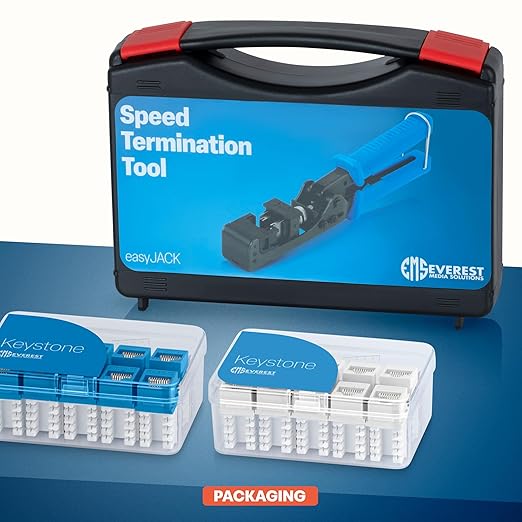 Everest easyJACK - 90° Angled Speed Termination Keystone Tool Set - with 20-Pack of RJ45 Slim Profile Cat6 Keystone Jacks (10 Blue & 10 White) - Time Saver Network Cat6 Punchdown Tool