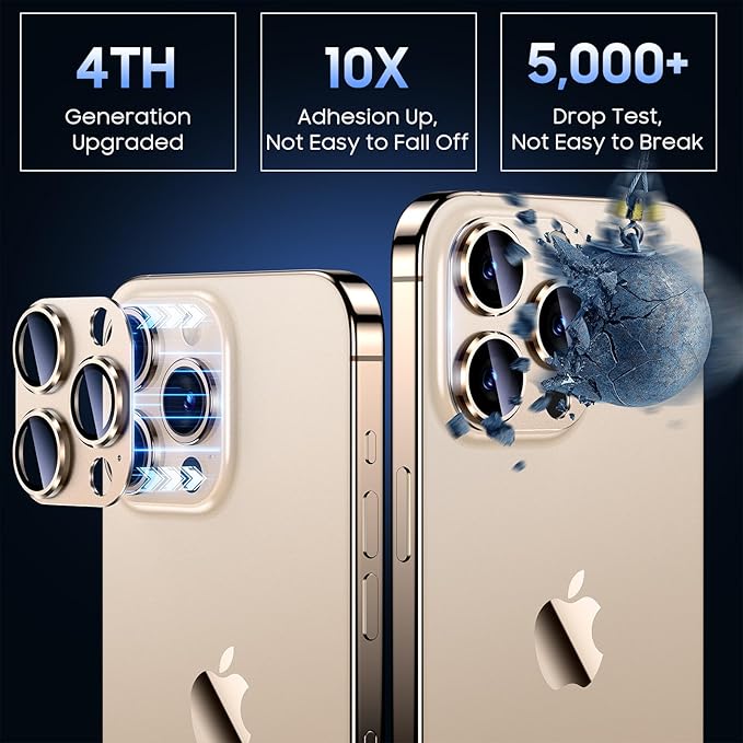 Uyiton for iPhone 13 Pro/iPhone 13 Pro Max Camera Lens Protector, [Strong Adsorption] [Drop Protection] Metal Ring Tempered Glass Rear Camera Screen Cover - Gold