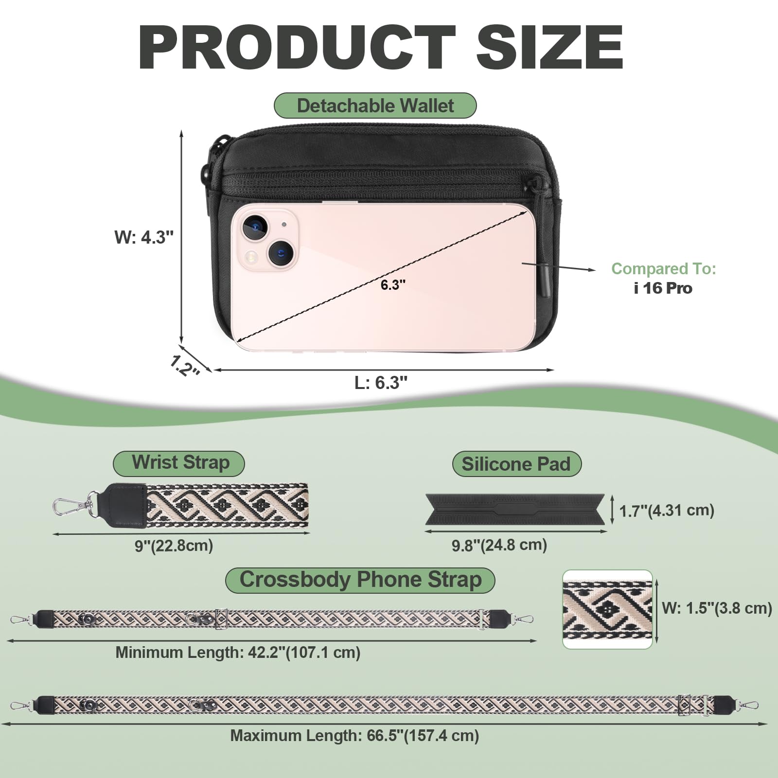 YFWE Clip and Go Strap for Phone with Wallet Crossbody, Adjustable Phone Lanyard with Detachable RFID Wristlet Wallet, Pattern Strap, Black (M)