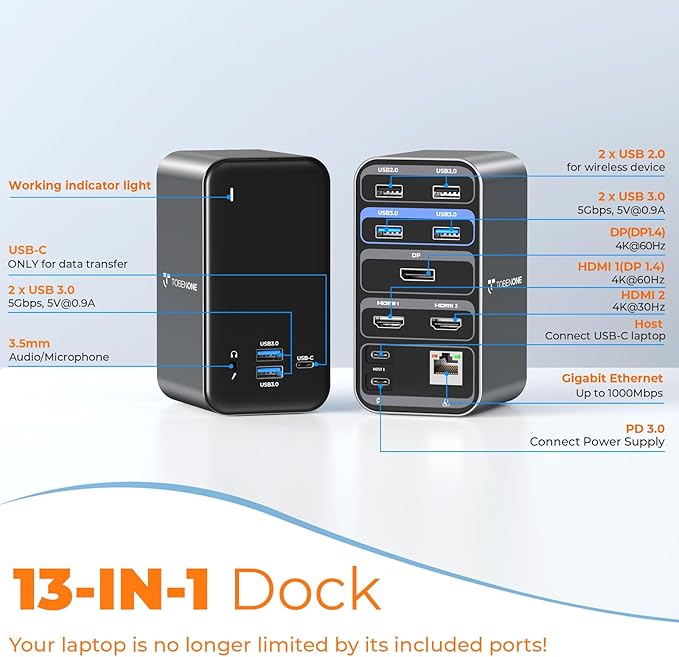 TobenONE Docking Station 3 Monitors, Laptop Docking Station with Power Supply 100W, 2 HDMI, DisplayPort, 7 USB C/A Port, Ethernet, Audio, 87W Charging for Thunderbolt 4/3, USB-C Windows&ChromeOS