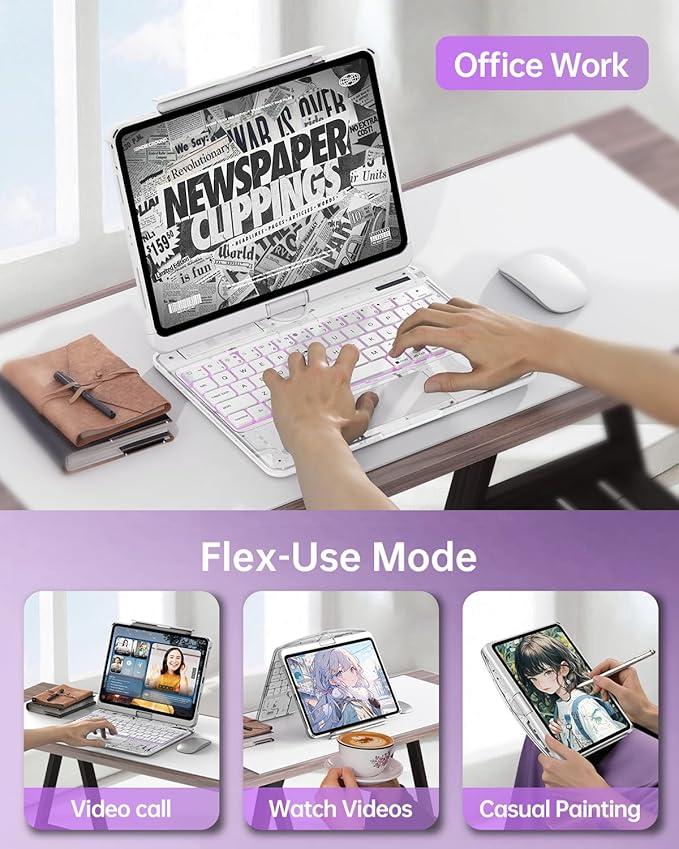Intermerge Clear Keyboard Case for iPad Pro 11" (M4) 2024 Only, 360° Swivel Multi-Touch Trackpad, 7-Color RGB Backlit, Pencil Holder, Type-C, Power Indicator, Frost Pulse