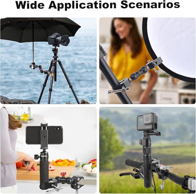Double Super Clamp Camera Mount with Magic Arm, Aluminum Double Clamp Mount Umbrella Holder for Desk, Studio Light/Boom Stand, Photography Reflector, Cross Bars, Bike/Motor Handlebars (SY004)