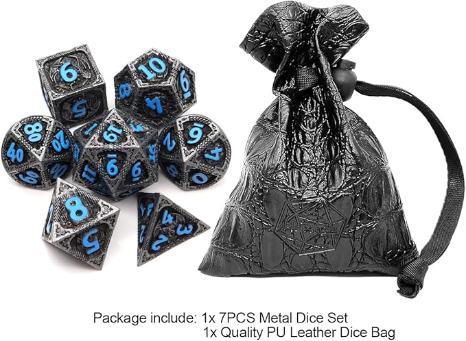 Haxtec Metal DND Dice Set Black Blue Dragon D&D Dice Set with Leather Dice Bag Metal Polyhedral Dice Compatible with Dungeons and Dragons Gifts TTRPG Dice