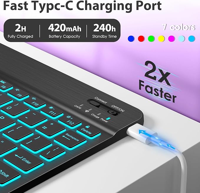 DTTO for iPad 9th/8th/7th Generation 10.2" Case 2021/2020/2019 with Keyboard, 7 Colors Backlit Wireless Detachable Keyboard Premium Leather Folio Cover with Pencil Holder & Pocket, Dark Purple