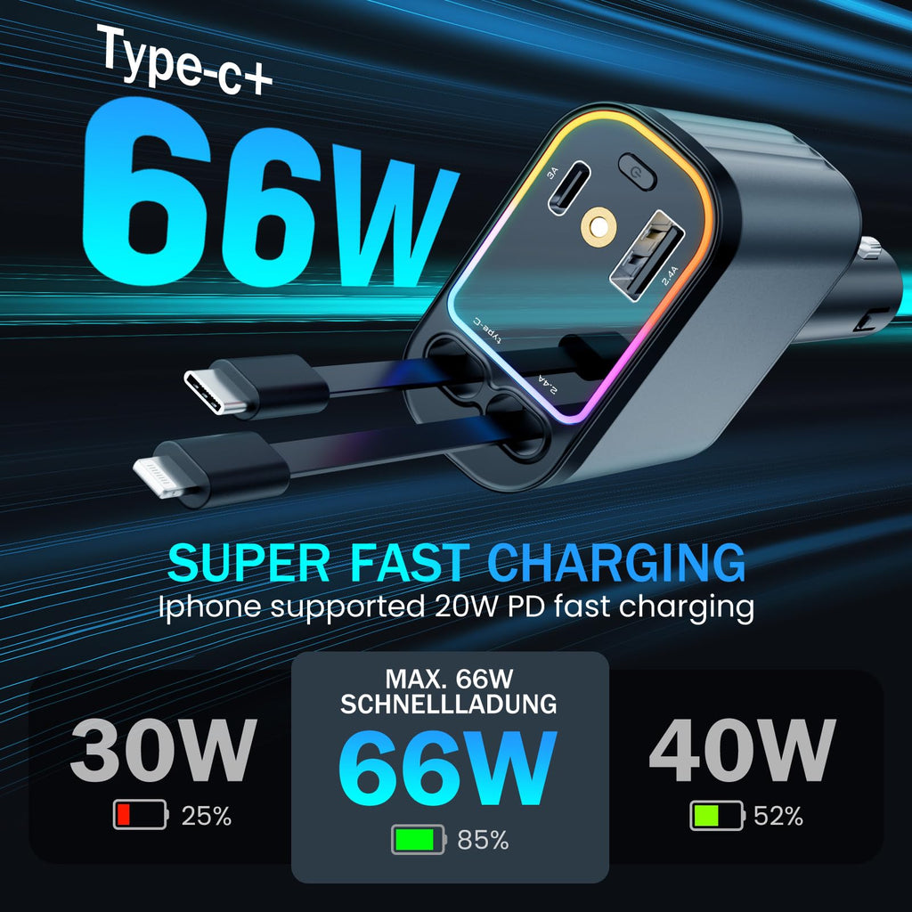 4 in 1 Retractable Car Chargers with Starlight, 66W USB C Fast Car Charger Adapter with 2 USB Ports Car Phone Chargers for All iPhone 16/15/14/13/12/11 and for All Android (Dark Grey - RedLight)