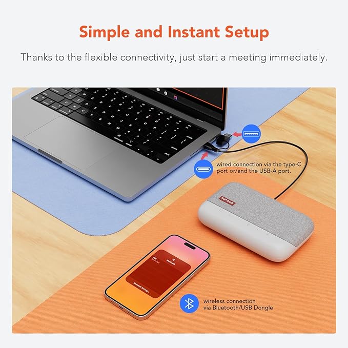 NUROUM A15 Bluetooth Conference Speaker and Microphone, 360° Voice Pick up & Noise Canceling Computer Speakerphone with 4 MEMS Mics, Daisy Chain, w/Dongle, USB Plug & Play