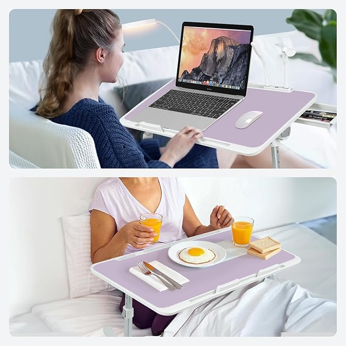 Laptop Lap Desk Include Cooling Fan,Adjustable Lap Desk with Light Fan,Folding Laptop Desk for Bed with USB,Bed Desk with Storage Drawer 56x32cm,Purple