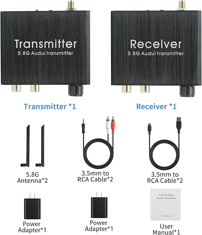 5.8GHz Wireless Audio Transmitter Receiver,164Ft/50M Long Range 18ms Low Latency, RCA / 3.5mm AUX Input/Output with Volume Adjustment Knob, Used for TV/PC/CD/Power Speaker/Soundbar/Headphones