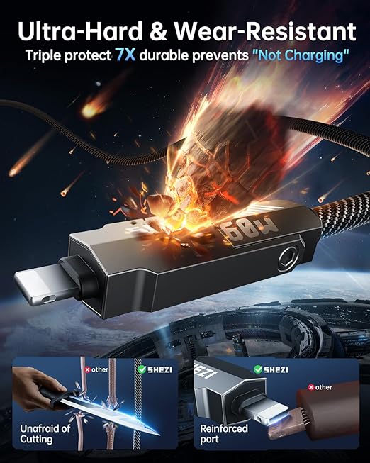 SHEZI Nylon Braided 4 in 1 USB C Cable 60W 10FT Compatible with Lightning Cable, Fast Charging for iPhone/iPad Charger Cord [480Mbps Data Sync],Multi Charging Cable with Type C/USB A, Grey