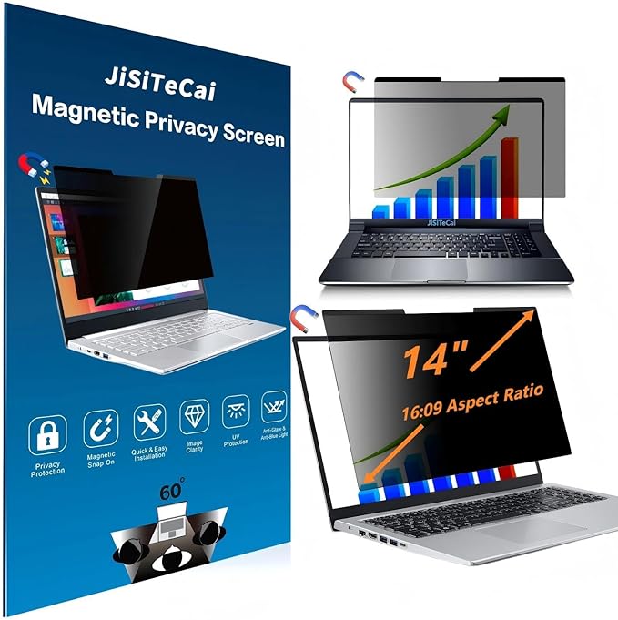 14-inch magnetic privacy screen, suitable for laptops with a 16:9 removable anti-glare filter, reduces blue light/compatible with HP, Dell, Acer, Asus, Samsung, Lenovo and other laptops.