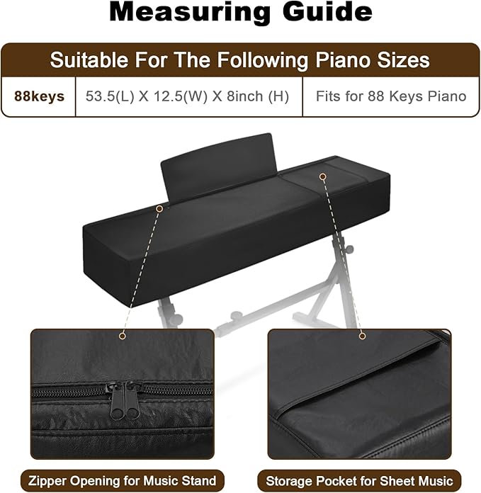Explore Land 88 Keys Digital Piano Dust Cover with Music Stand Opening and Pockets - Waterproof Leatherette Electronic Keyboard Cover Fits for Most Piano