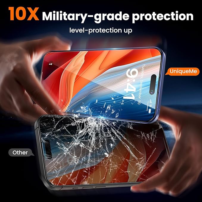UniqueMe for iPhone 16 Plus Screen Protector - [Military Grade Shatterproof & 9H+ Hardness] Screen Protector 16 Plus Tempered Glass Full Coverage Protection, Easy Installation, 2 Packs