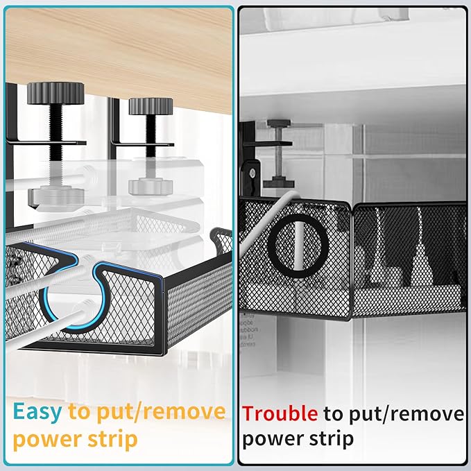 Under Desk Cable Tray - Black, No Drill Cable Organizer with Clamp for Wire Management, PC Cord Organizer & Workspace Accessories (2 Pack)