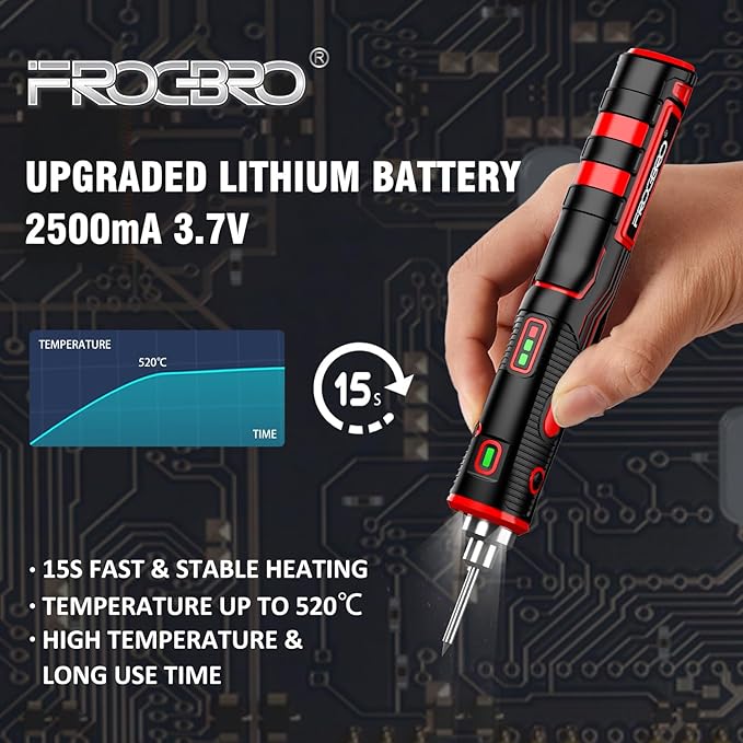 FrogBro 11W 2500mAh Cordless Soldering Iron Kit, Upgrade Max 968℉ Fast Heating Portable USB Rechargeable Soldering Iron High Capacity with Touch Sensor & LED Spotlight (2 tips+adaptor)