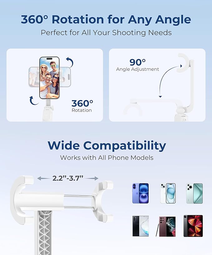 67‘’ Selfie Stick, Phone Tripod with Wireless Remote Control, Portable Selfie Stick Tripod for Photograph, Live Streaming, Video Recording, Compatible with All Cell Phones, White
