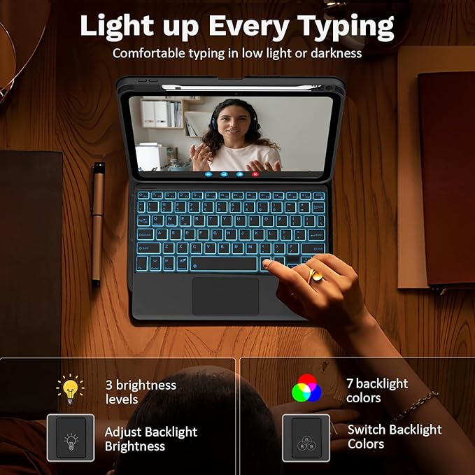 MoKo Touch Keyboard Case for iPad (A16) 11th Generation 11 inch 2025,iPad 10th Generation 10.9 inch Case with Pencil Holder,7 Colors Backlit Multi-TrackPad Detachable Bluetooth Keyboard,Notebook Black