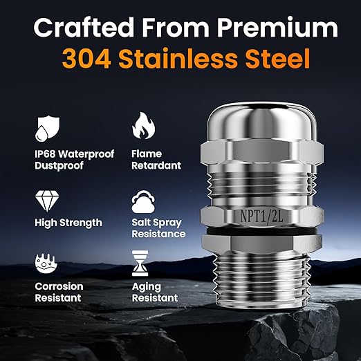 QILIPSU 2pcs 1/2" NPT 304 Stainless Steel Cable Gland Long Thread Waterproof IP68 Metal Strain Relief Cord Grip Cable Pass Through Wire Connector