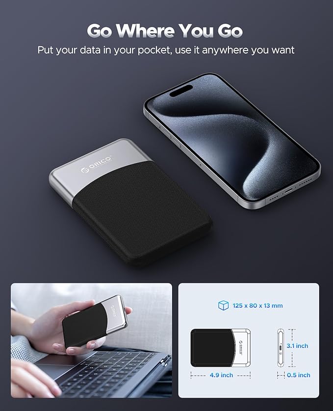 ORICO 2TB External SSD with 2 in 1 USB C Cable, Portable Solid State Drive USB 3.2 Gen 1 Up to 460MB/s, Dust and Drop Resistance, Reliable Storage for USB-C Smartphone, PC, Tablet, Labtop - M25PRO
