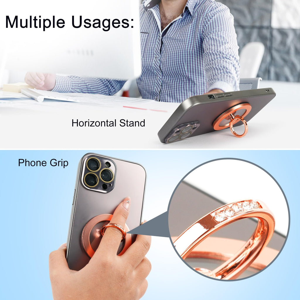 Magnetic Phone Grip for MagSafe, EI Sonador Magnet Phone Ring Holder, Removable, Compatible with iPhone 14 Plus 13 12 Pro Max Mini (Transparent Rose Gold Diamond)