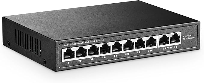 YuLinca 10 Port Mini Gigabit PoE Switch with 8 PoE+ Port, 2 Gigabit RJ45 Uplink, 10/100/1000Mbps, IEEE802.3af/at, Max 120W, Metal Fanless Plug & Play Ethernet Switch