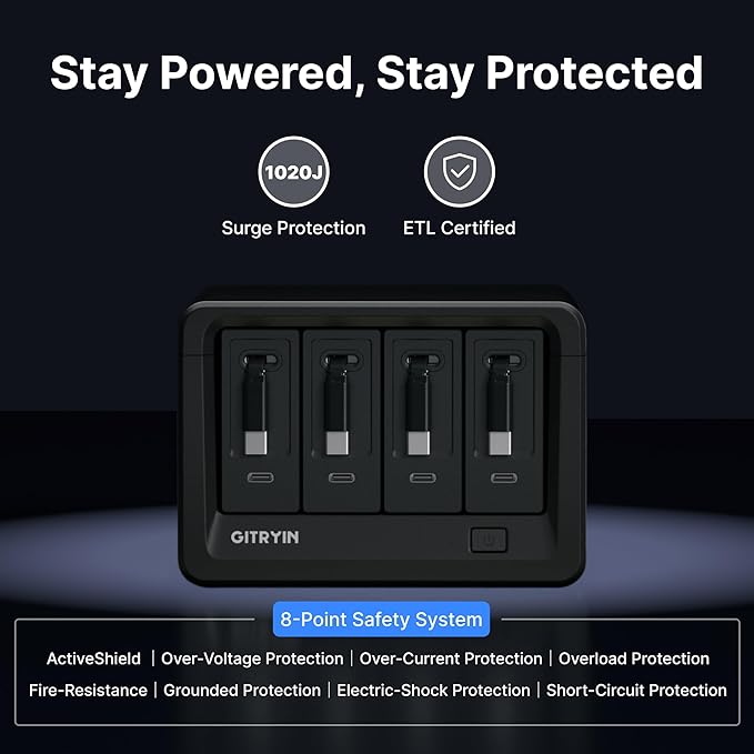 Gitryin 12-in-1 Desktop Charging Station with 4 Retractable Type-C Wall Chargers, 40W USB-C Power Strip with Flat Plug, Extension Cord with 1020J Surge Protection for Home Office