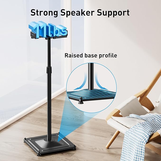 PERLESMITH Universal Speaker Stands for Surround Sound -Height Adjustable Extend 33.3”to 45.1”, Floor Speaker Stand for Satellite & Studio & Bookshelf Speakers up to 11LBS,1 Pair Black, PSSS2