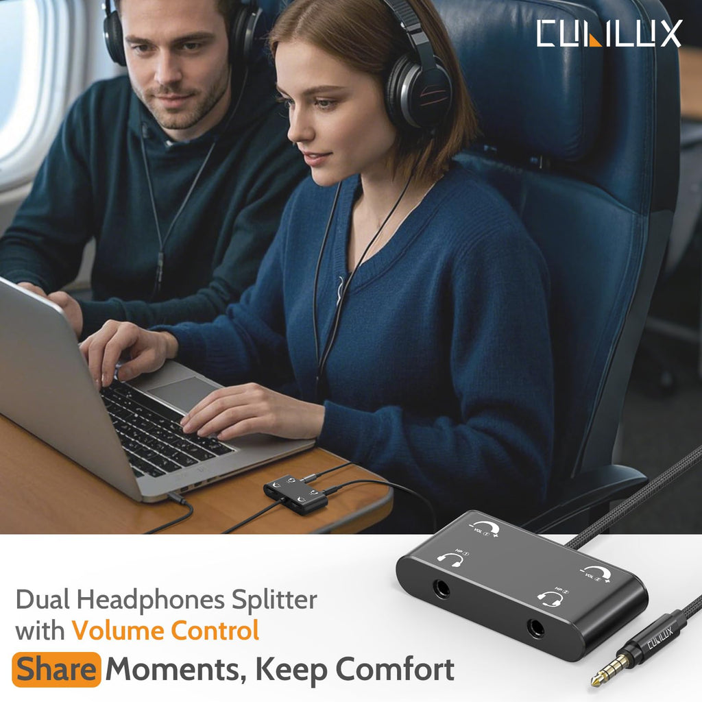 Cubilux Headphone Splitter with Volume Control, 3.5mm Dual Earphones Connector, 1/8 Double Audio Jack Adapter for 2 People, Music Share Adapter for Plane, Train Travel