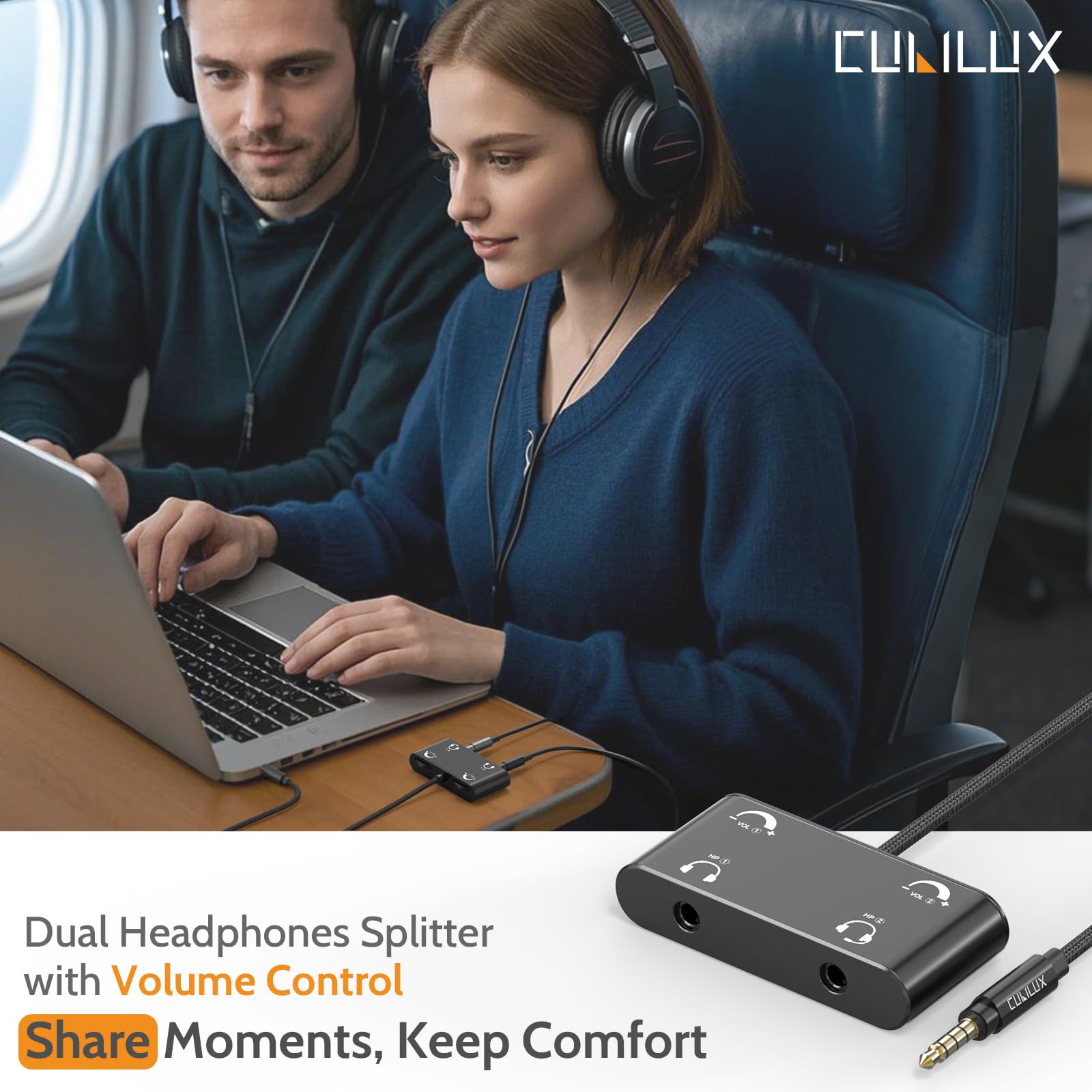 Cubilux Headphone Splitter with Volume Control, 3.5mm Dual Earphones Connector, 1/8 Double Audio Jack Adapter for 2 People, Music Share Adapter for Plane, Train Travel