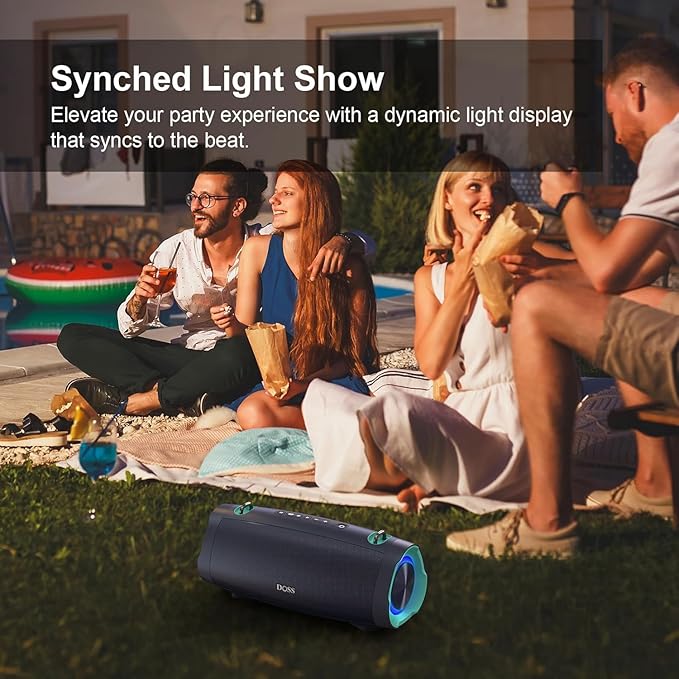 DOSS Extreme Boom Pro D100 Bluetooth Speaker with 140W Peak, 70W Bold Sound, Extra Bass, 24H Playtime, Beat-Sync Lights, Built-in Battery Sharing, IPX6 Waterproof, Portable Strap for Outdoor-Blue