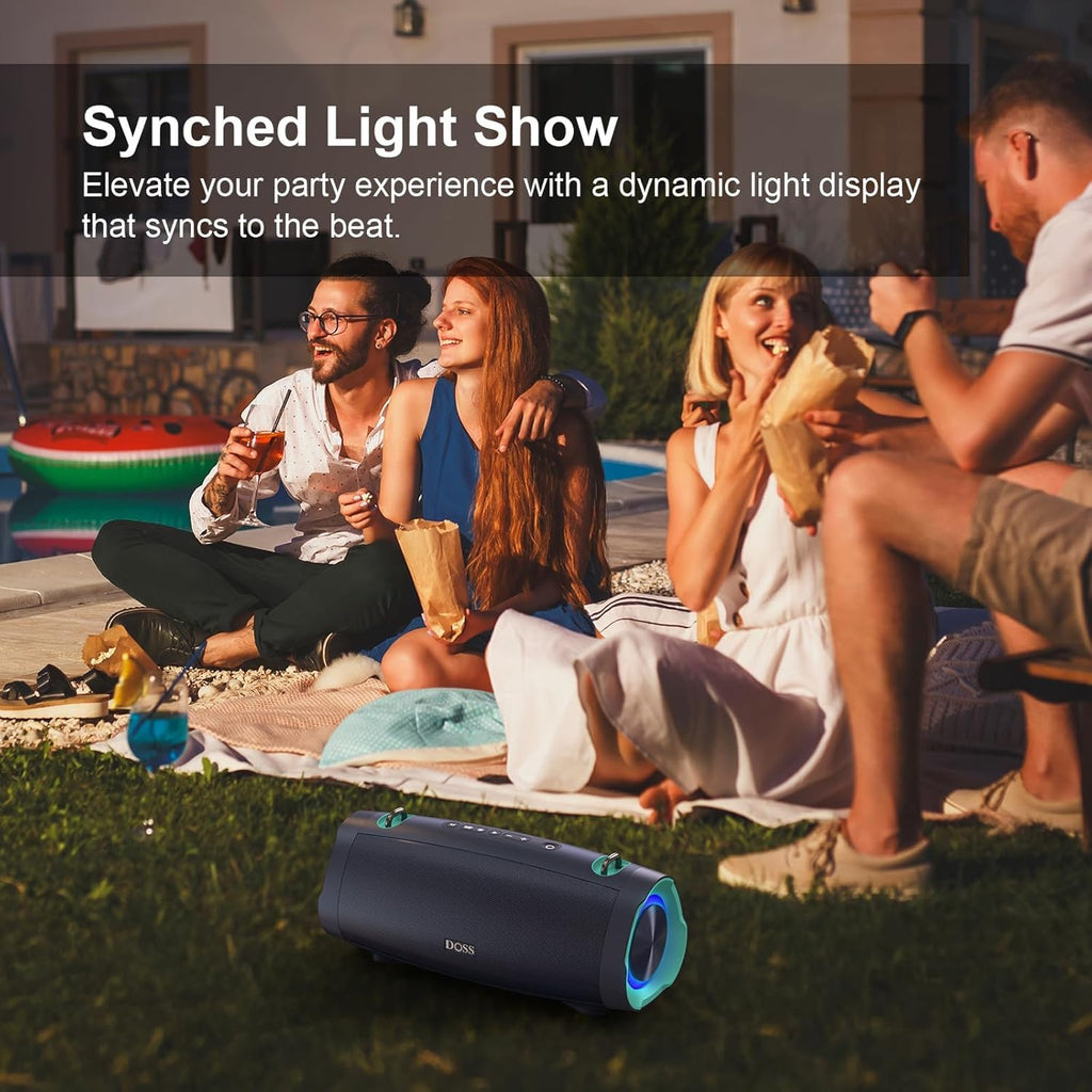 DOSS Extreme Boom Pro D100, 70W Bluetooth Speaker with Deep Bass, IPX6 Waterproof, 10400mAh 24H Battery, Built-in Power Bank, TWS Stereo Pairing & Beat-Sync Lights for Outdoor Camping Party – Black