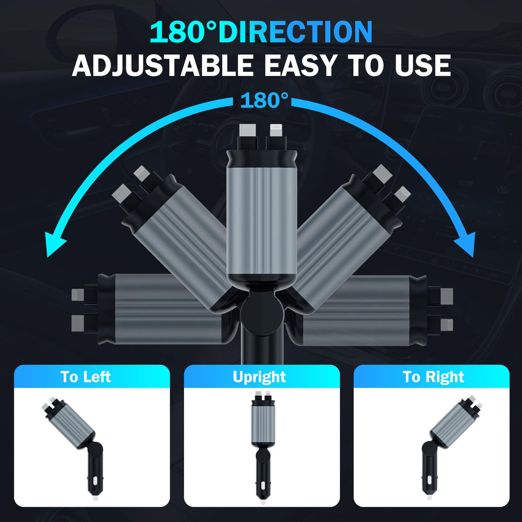 4 in 1 Retractable Car Chargers with Starlight, 66W USB C Fast Car Charger Adapter with 2 USB Ports Car Phone Chargers for All iPhone 16/15/14/13/12/11 and for All Android (Dark Grey - RedLight)