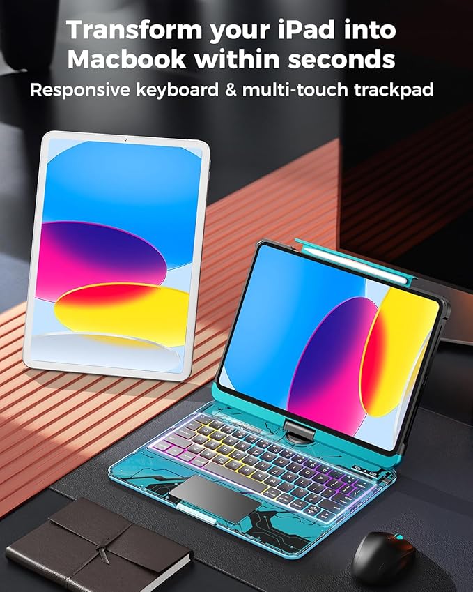 TSQQST Clear Wireless Keyboard Case for iPad (A16) 11th Generation 11-inch 2025/ iPad 10th Generation 10.9-inch 2022 with Pencil Holder & Multi-Touch Trackpad, 7-Color Backlight, 360 Rotatable, Blue