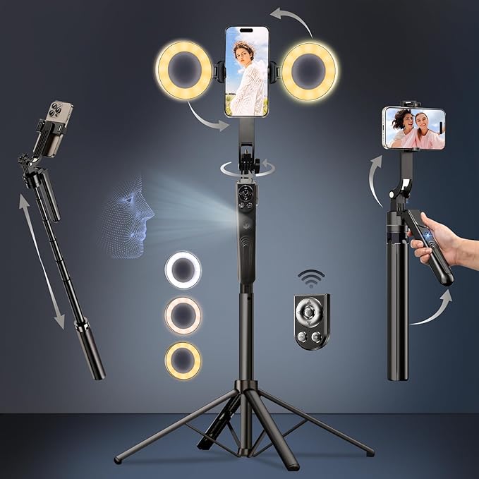 Auto Face Tracking Selfie Stick Tripod for iPhone with Light,360 Rotation That Follows Your Movement,70" Phone Camera Tripod Stand with Remote for Content Creator Vlog Live Stream Video Recording