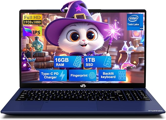 NIMO 15.6" FHD IPS Laptop, Intel N150 (Up to 3.6GHz, Beat i3-10110U), 16GB RAM 1TB SSD, Backlit Keyboard Fingerprint, Wi-Fi 6 BT5.2 Type-C 65W Computer for Students and Home Office