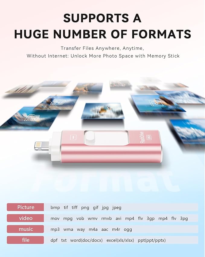 Apple MFi Certified 128GB Flash Drive for iPhone Thumb Drive Photo Stick, USB Memory Stick iPhone Flash Drive for Photos Videos, High Speed Jump Drive Compatible for iPhone/iPad/Android/PC (Pink)