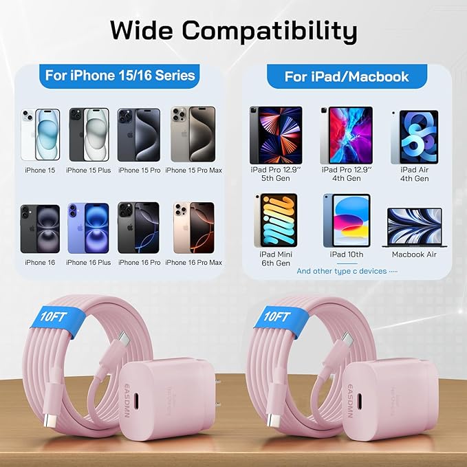 30W USB C i Phone 16 15 Charger Fast Charging, 2PACK Wall Charger for iPhone 16 15 Pro Max Charger Cord 10FT Fast Type C Charger Block for iPhone 16/16 Pro/15 Plus/15 Pro/15 Pro Max, iPad Pro, Pink