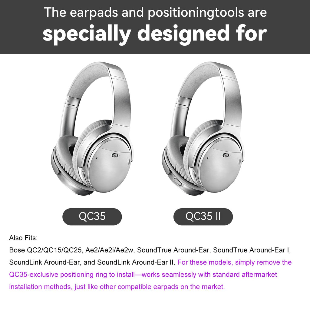 MDOWOK Replacement Earpads Cushions for Bose QuietComfort35&35ii(QC35 II & QC35) Silver Headphones - Professional Positioning Tools Included, Noise-Isolating Memory Foam & Breathable Leather (Grey)