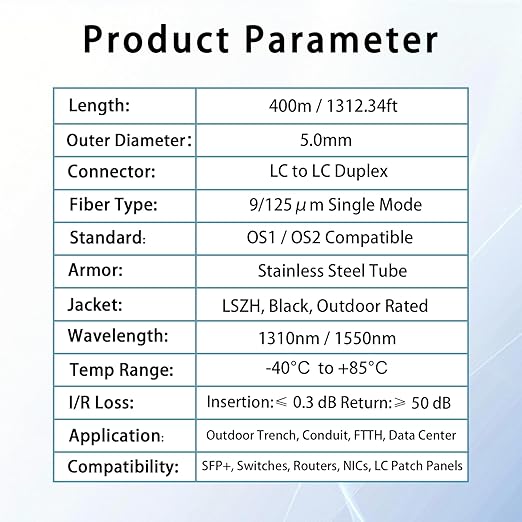 400M/1312FT LC to LC Armored Outdoor Fiber Optic Cable, Single Mode Duplex 9/125μm SMF Fiber Patch Cord, OS1/OS2 Compatible, Black LSZH Jacket, Uniboot Jumper for FTTH, Data Center, Long-Distance Use