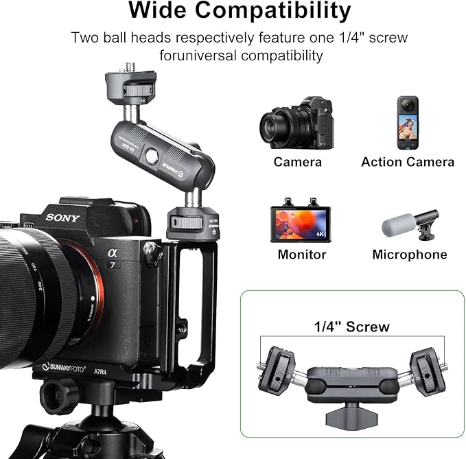 FANAUE Mini Articulating Arm Mount Camera Accessories Compatible with 1/4"-20 to 1/4"-20 Connectors (with Locating Pins) Aluminum-Built Arm Offers Flexibility Connectors