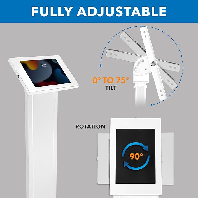 Mount-It! Anti-Theft Tablet Floor Stand, Commercial Tablet Floor Kiosk with Universal Enclosure, Locking Mount Stand for iPad Gen 7-10, Pro, Air, 10.2 inch, 10.9 Inch, White