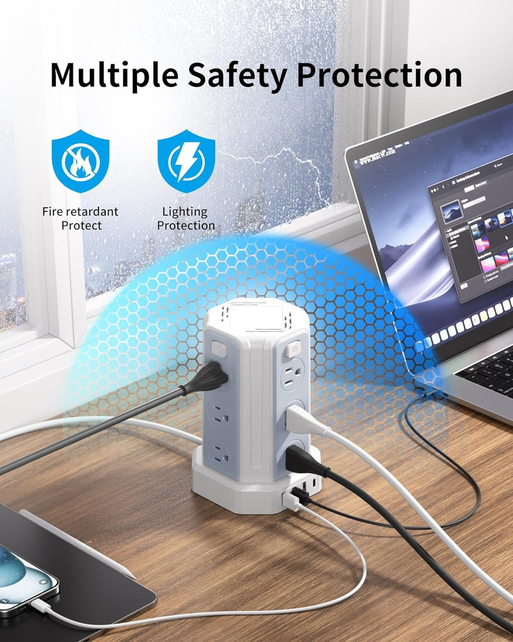 Power Strip 6.5 Ft Extension Cord with 12 AC Multiple Outlets 4 USB (1 USB C), SMALLRT Power Strip Tower Desktop Charging Station for Home Office College Dorm Essentials