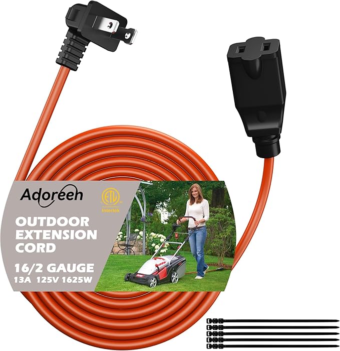 90 Degree 2 Prong Polarized Outdoor Power Extension Cord 25 FT, Angled Low-Profile Plug, 16 Gauge 125V SJTW Waterproof Long Cable for Home Office Lawnmower Garden Tools Lights, ETL+Ties-Bright Orange