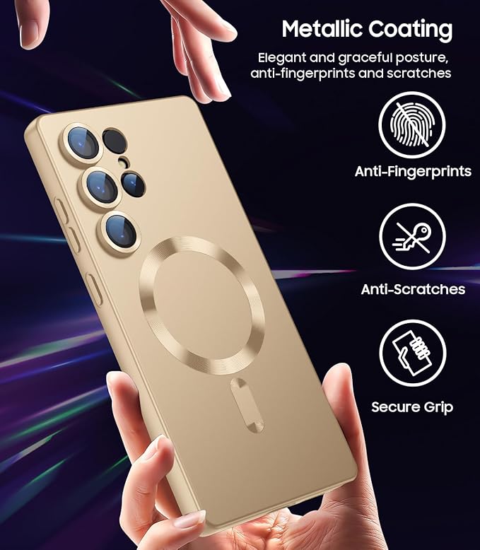 Magnetic for Samsung Galaxy S25 Ultra Case [Compatible with MagSafe][Built-in Camera Lens Protector] Slim Soft Silicone Bumper Shockproof Metallic Luster Phone Shell (Gold)
