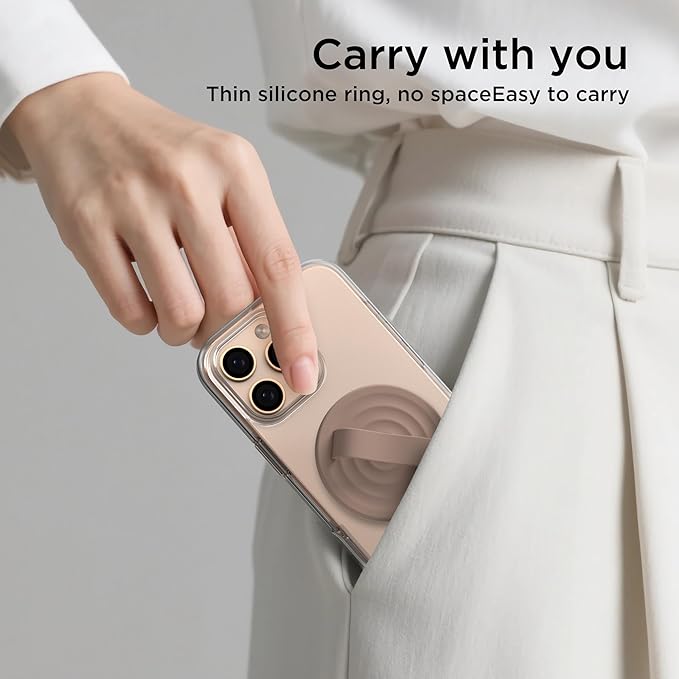 Magnetic Phone Ring Grip Holder, Silicone Finger Loop Grip, Compatible with MasSafe, Back of Phone for iPhone Pro Max/Plus/16/15/15/14/13/12 Series, Light Brown