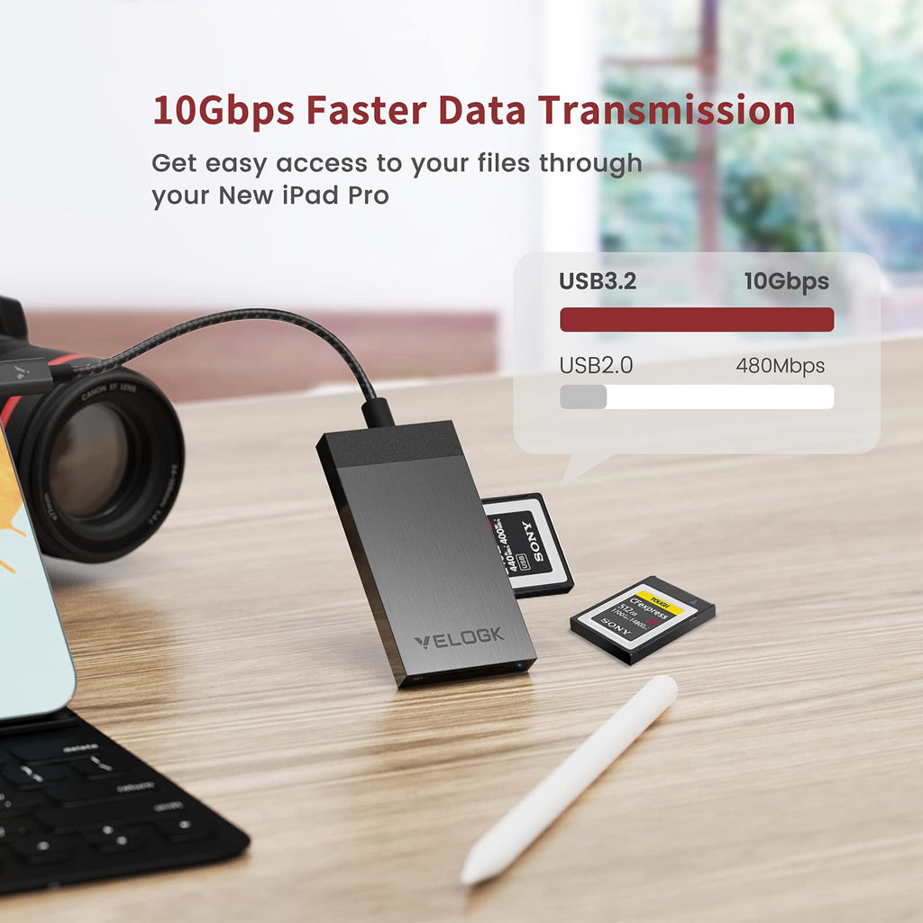 3-in-1 CFexpress/XQD/SD Card Reader USB C, VELOGK Dual-Slot USB 3.2(10Gbps) CFexpress Type B Card Reader Adapter compatible with Android/Windows/Mac OS/Linux, with Brushed Aluminum Case&Portable Pouch